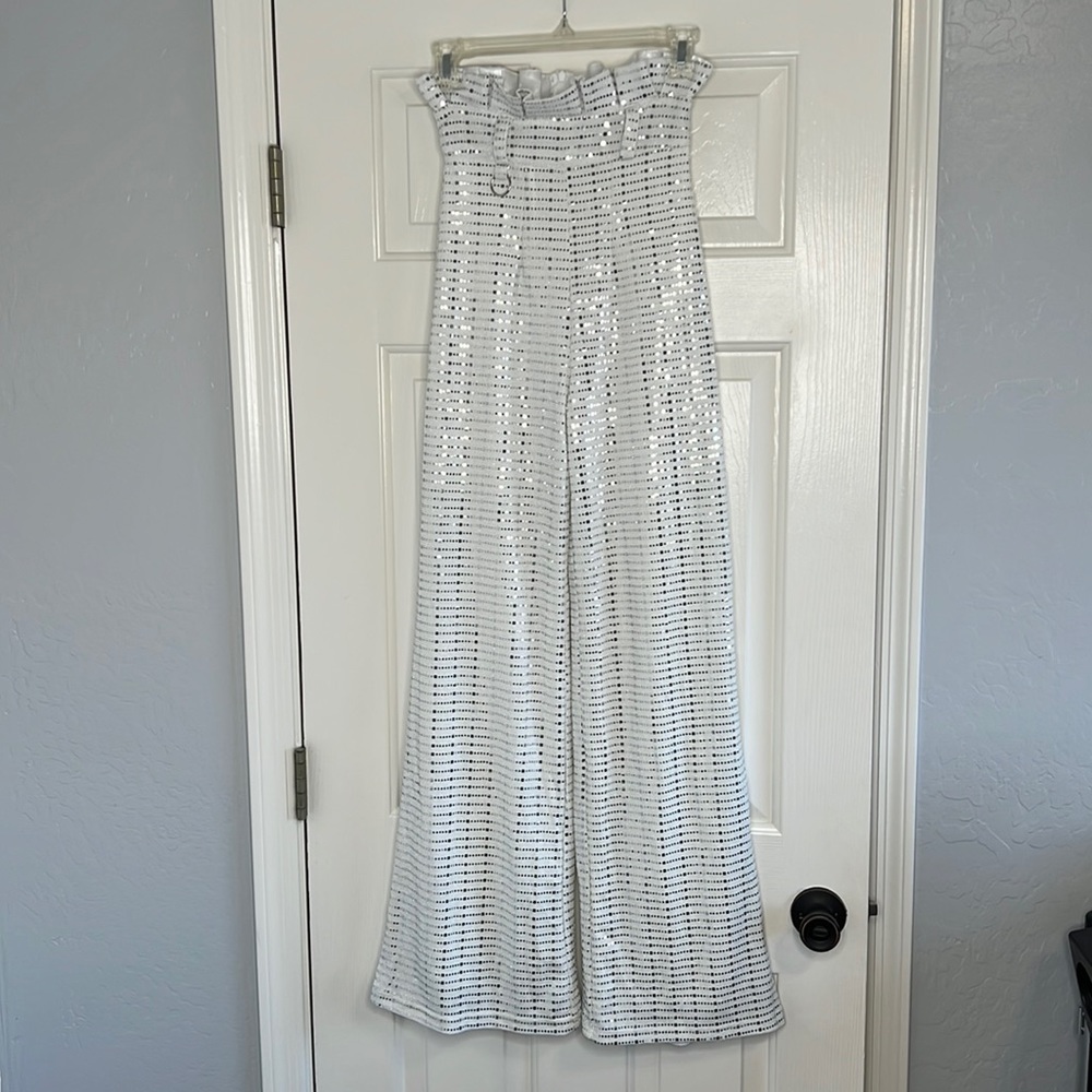 White Wide-Leg Sequin Palazzo Pants